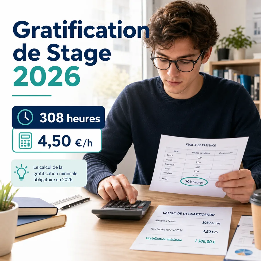 Calcul de la gratification de stage 2026 avec seuil de 308 heures et montant de 4,50 euros par heure